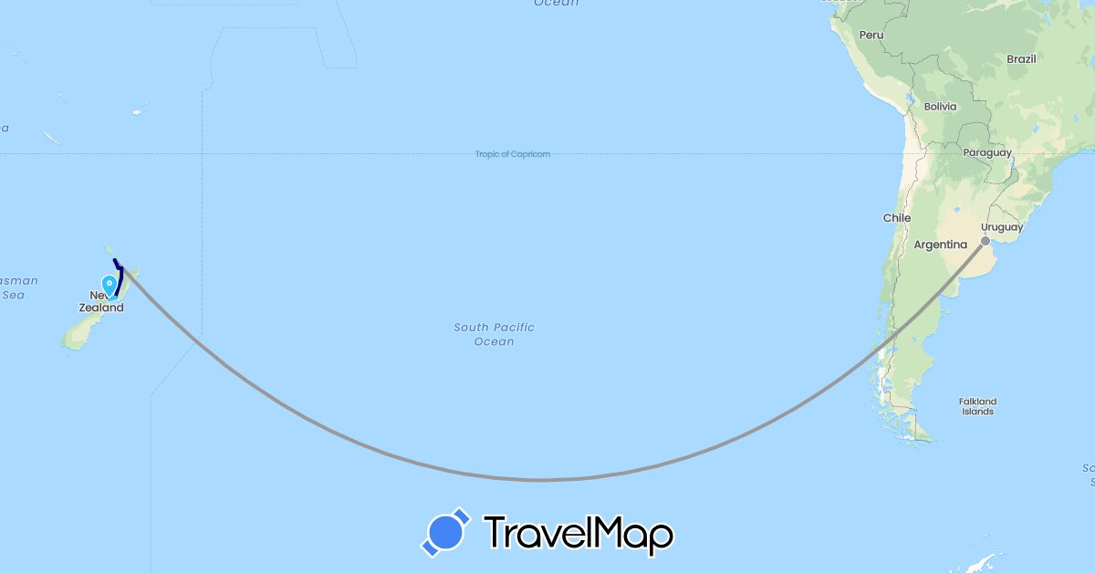 TravelMap itinerary: driving, plane, boat in Argentina, New Zealand (Oceania, South America)